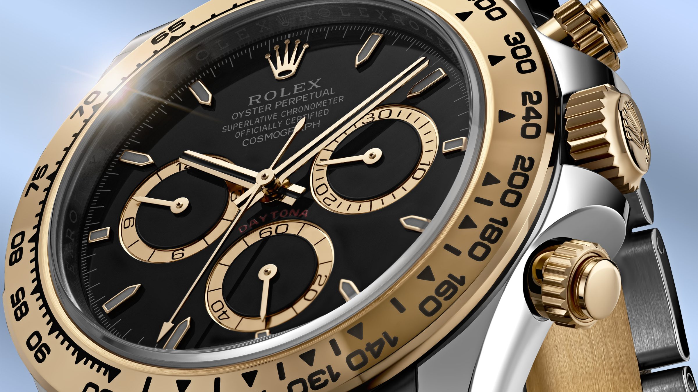 Rolex Daytona Cosmograph in steel and gold with black dial — luxury watch photography by Figueroa, Miami